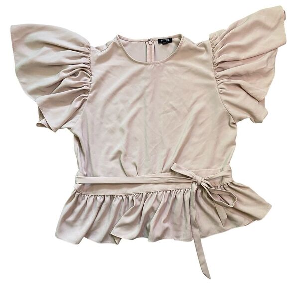 EXPRESS Pale Pink Flutter Sleeve Belted Peplum Blouse - Picture 3 of 10